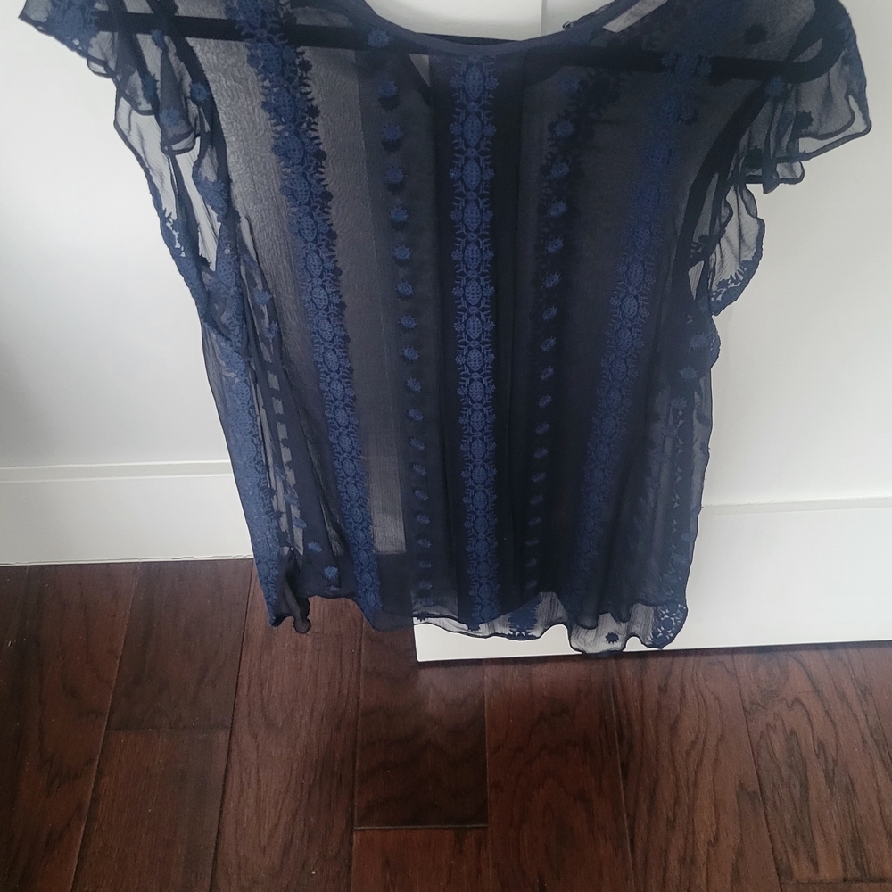 Navy Sheer Lace-Detail Women's Blouse
